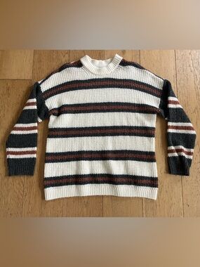 American Eagle Outfitters Cream Crewneck Sweater with Black and Brown Stripes XS